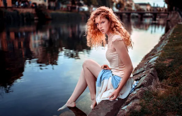 Picture girl, river, long hair, dress, legs, photo, photographer, water