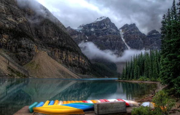 The sky, mountains, lake, boats, pier