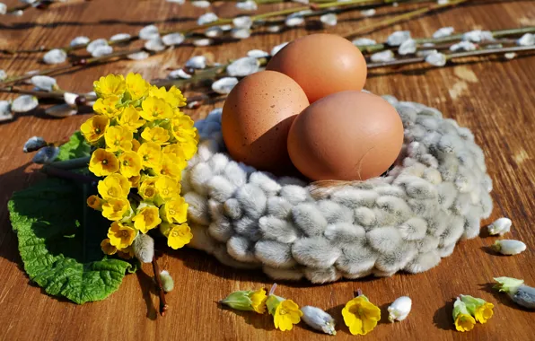 Light, flowers, branches, table, holiday, eggs, spring, yellow