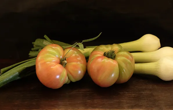 The dark background, table, Board, bow, a couple, vegetables, tomatoes, home
