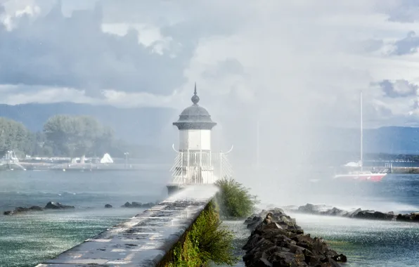 Squirt, lake, rain, lighthouse, Switzerland, Lake Geneva