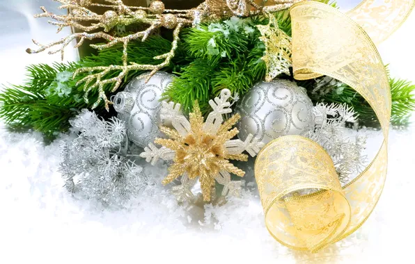 Balls, decoration, branch, tape, tree, snowflake