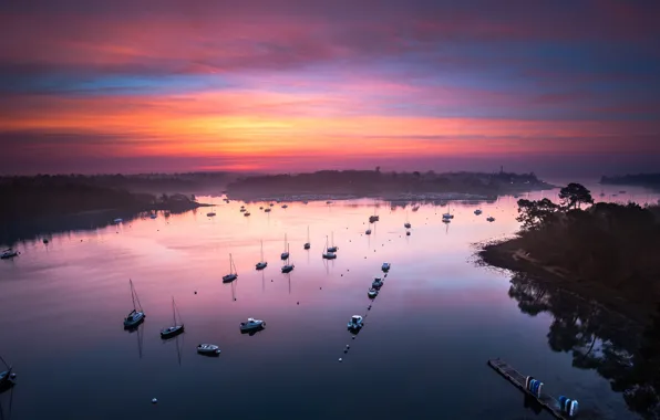 Sea, Islands, clouds, sunset, reflection, France, boats, the evening
