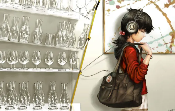 Girl, smile, headphones, glasses, shelf, bag, art, s zenith lee