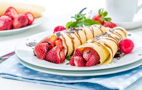 Berries, raspberry, table, tea, strawberry, Cup, plates, pancakes