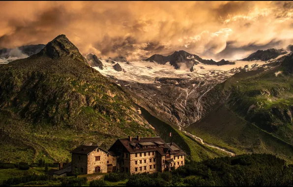 Forest, the sky, clouds, stream, the building, Mountains, the hotel, the hotel