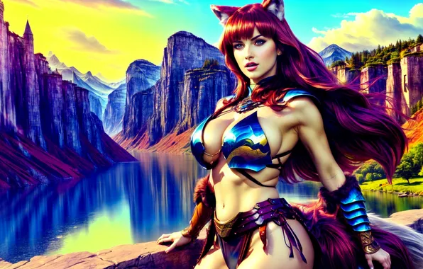 Girl, mountains, nature, river, wall, tail, outfit, ears