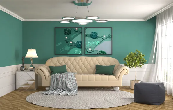 Picture sofa, green, interior, picture, chandelier, living room, decoration, design 3D