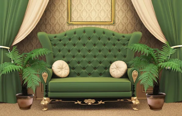 Flowers, design, green, style, room, sofa, interior, pillow