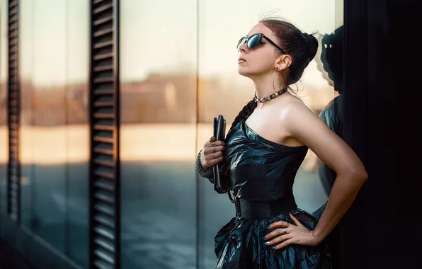 Glass, girl, pose, hands, dress, glasses, cellophane, Mikhail Sredin