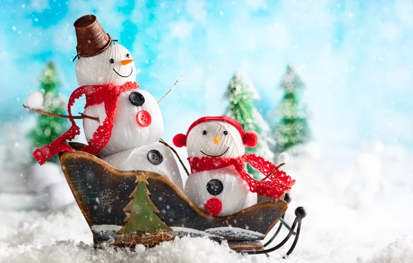 Snow, holiday, new year, snowmen, sled, tree, Svetlana Kolpakova