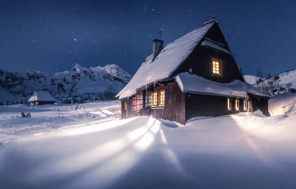 Winter, light, snow, landscape, mountains, night, nature, home