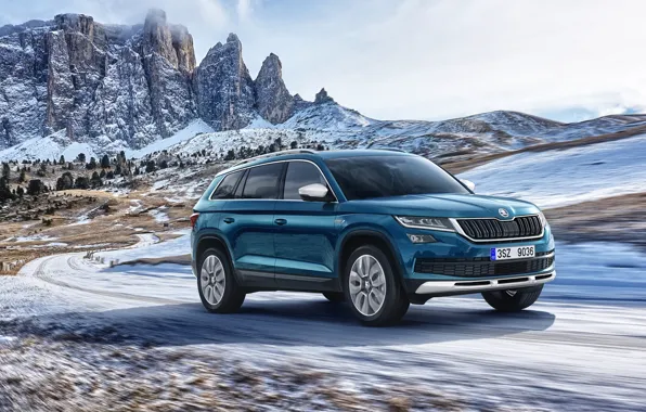 Winter, mountains, Skoda, Scout, Kodiaq