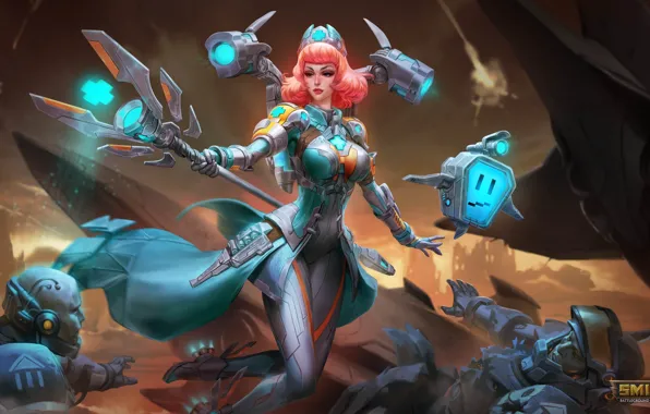 Girl, robots, staff, Aphrodite, Smite