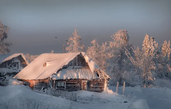 Snow, house, frost, Ural, Perm Krai