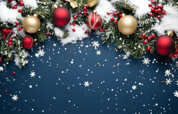 Winter, balls, snow, snowflakes, branches, Christmas, red, New year