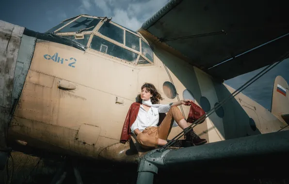 Look, girl, pose, the plane, photo, jacket, Anastasia, Andrey Vasilyev