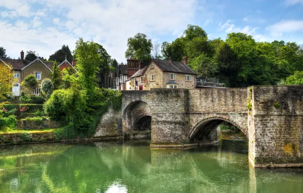 Greens, the sky, clouds, trees, bridge, river, England, home