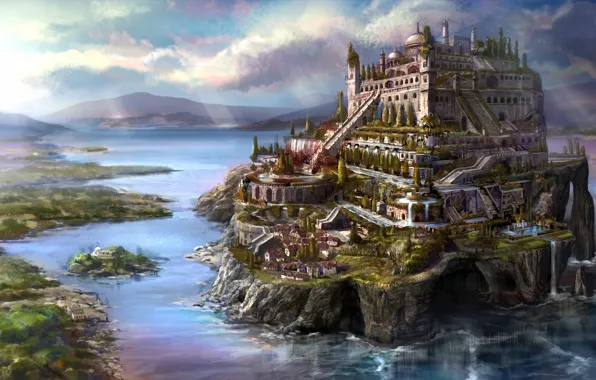 The city, lake, rocks, home, pool, art, pond, Letnitsa