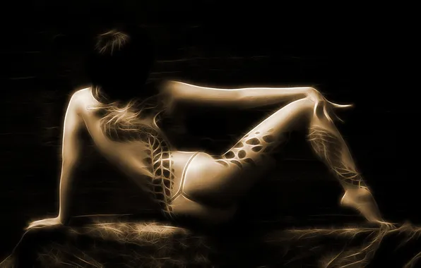 Picture girl, back, glow, tattoo, Sepia