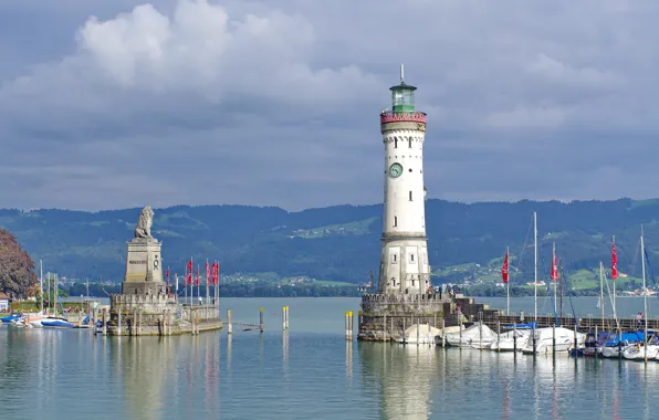 Mountains, lighthouse, Bayern, harbour, Baden lake, Lindau