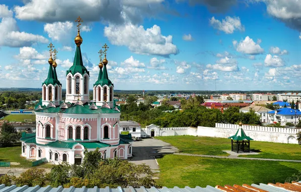 Picture the sky, clouds, yard, Church, panorama, Russia, the monastery, Dalmatovsky assumption monastery