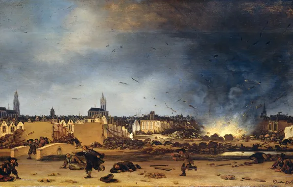 Tree, oil, picture, Livens Egbert van der Pool, The explosion of the Powder Tower in …