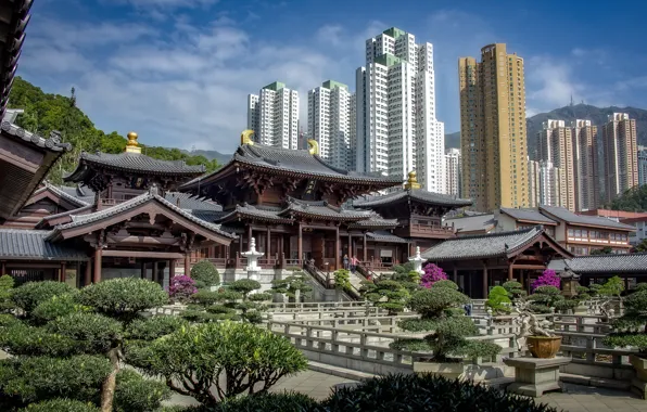 Hong Kong, skyscrapers, pagoda