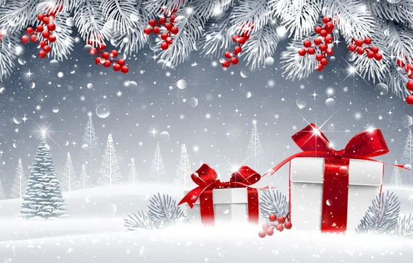 Picture gift, new year, toys on the Christmas tree, fir-tree branches