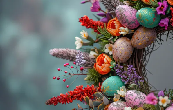 Flowers, branches, holiday, eggs, spring, Easter, wreath, bokeh