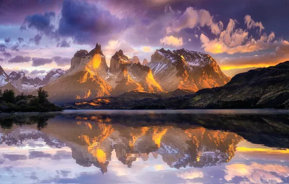 Picture mountains, lake, reflection, Chile, Andes, South America, Patagonia