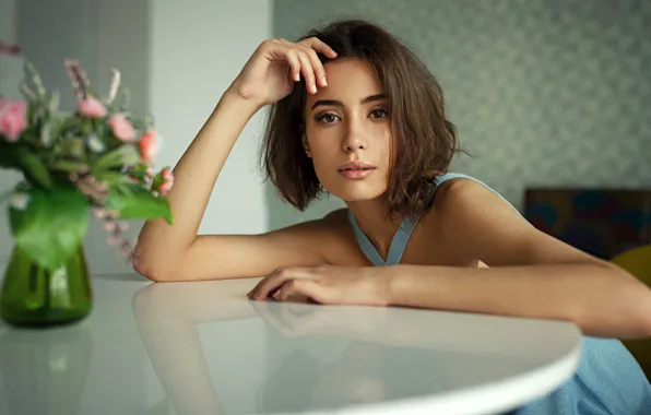 Picture look, flowers, pose, portrait, makeup, hairstyle, vase, brown hair