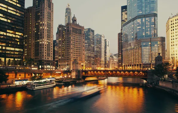 Home, The evening, Pier, The city, River, Chicago, Skyscrapers, Boat