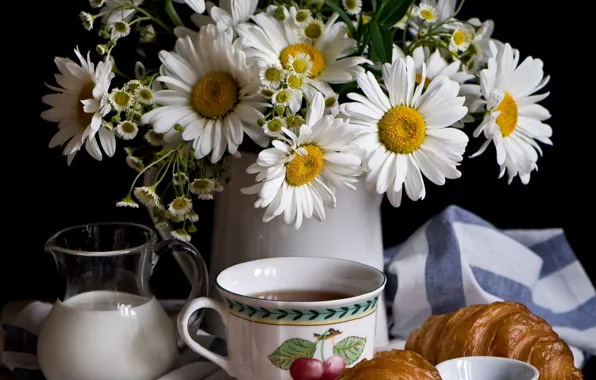 Picture flowers, coffee, chamomile, milk, still life, croissant, Anna Verdina