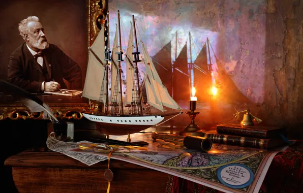 Picture ship, books, candle, sailboat, picture, Jules Verne