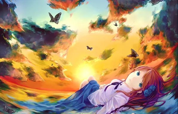 The sky, girl, the sun, clouds, butterfly, sunset, anime, art