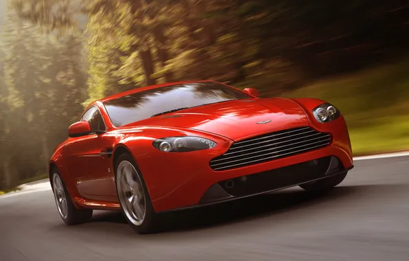 Picture road, forest, red, coupe, Aston Martin, aston martin, vantage, the front