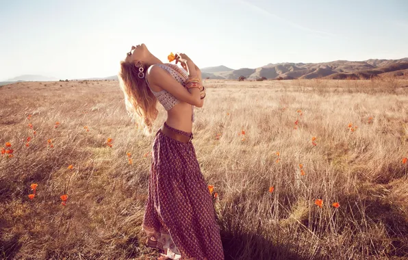 Picture field, the sky, grass, girl, flowers, mountains, sexy, model