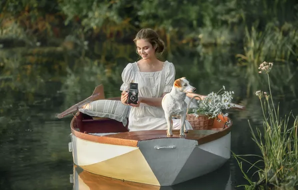 Picture summer, girl, flowers, nature, smile, river, photo, boat