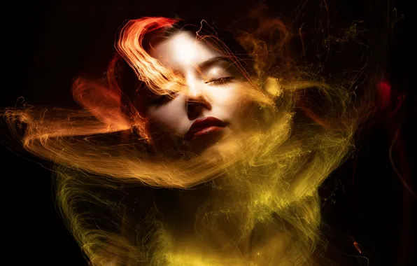 Girl, light, line, yellow, abstraction, face, style, color