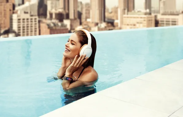 Picture joy, the city, smile, music, model, home, wet, pool