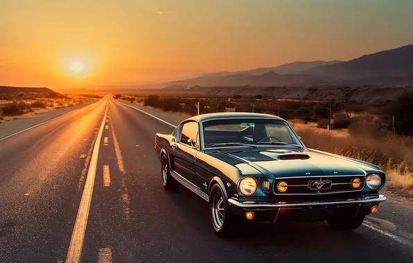 Road, the sun, sunset, mountains, blue, markup, Mustang, highway