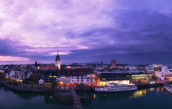 The sky, clouds, lights, river, home, ships, the evening, Germany