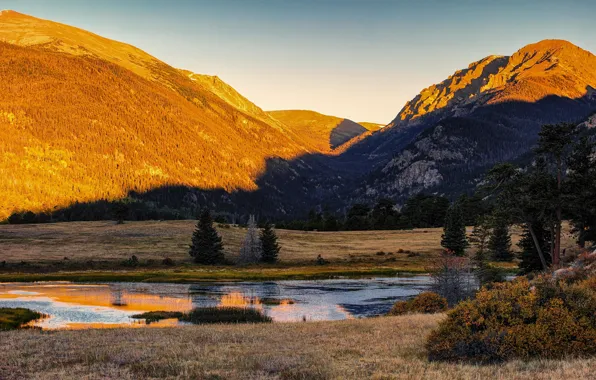 Autumn, forest, the sky, light, mountains, lake, reflection, rocks