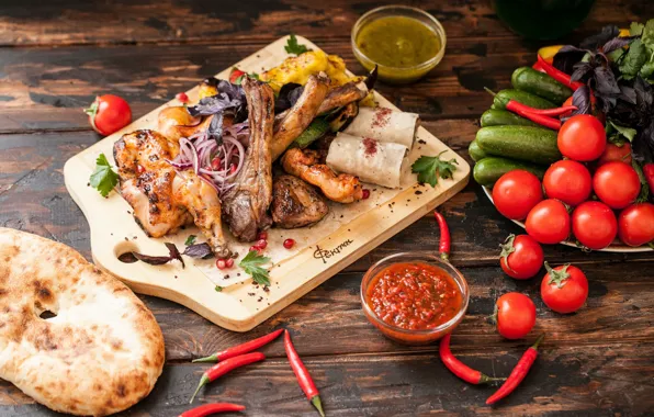 Vegetables, Meat, Sauce, Grill