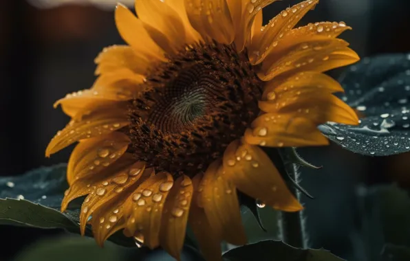 Flower, summer, leaves, drops, macro, yellow, nature, sunflower