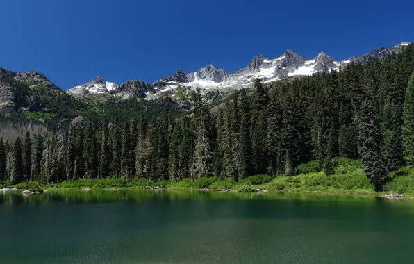 Picture forest, trees, mountains, lake, The cascade mountains, Mount Baker-Snoqualmie National Forest, Washington State, Alpine Lakes …