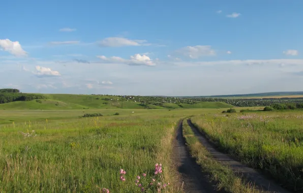 Road, field, the sky, hills, village