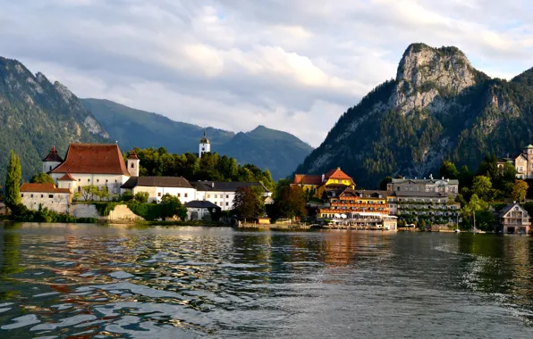 Picture trees, mountains, lake, rocks, shore, home, Austria, The Salzkammergut