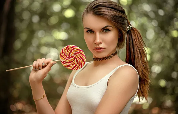 Look, girl, face, pose, hand, Lollipop, candy, long hair